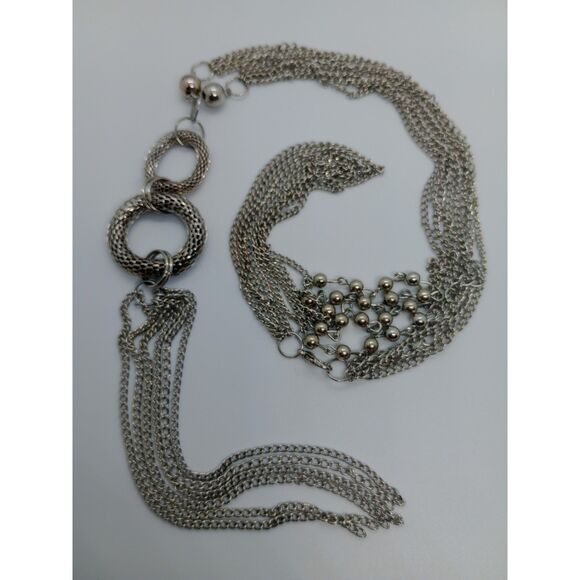 Multi Strand Circular Chain Tassel Pendant Silver Tone 24" Chain Necklace - Picture 2 of 6